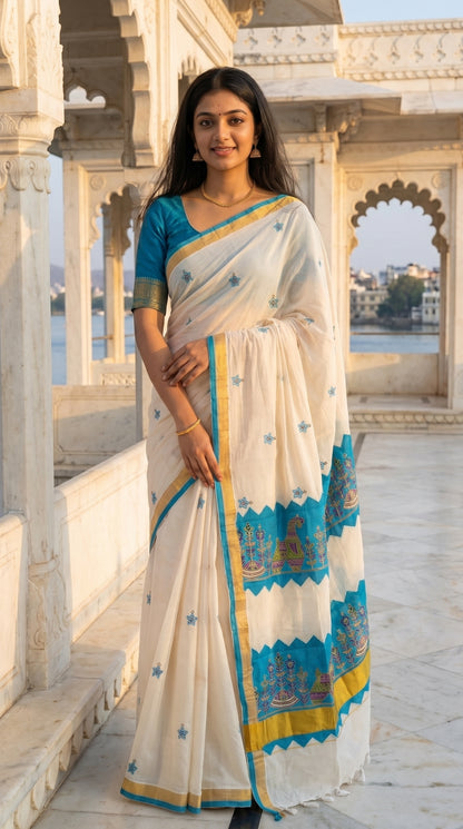 Full-length portrait of a woman standing in a white marble palace courtyard, showcasing the front drape, fine blue floral buttas, and gold kasavu border