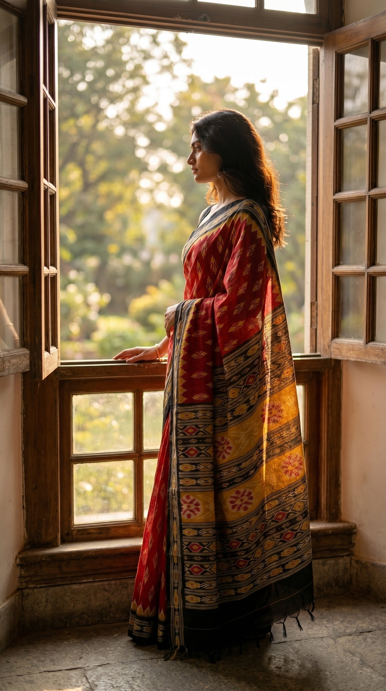 Side profile of a woman standing next to a large open wooden window frame, highlighting the warm ochre yellow panels and traditional linework on her red silk saree pallu