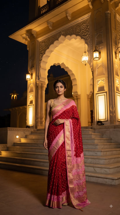 Art Silk Saree with Zari Border - Red with Pink