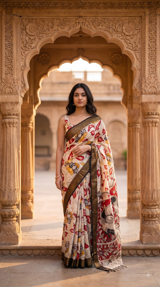 Printed Kalamkari Silk Saree with Border - Beige & Black