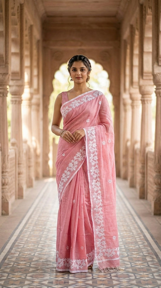 Pink Cotton Saree with Applique Border