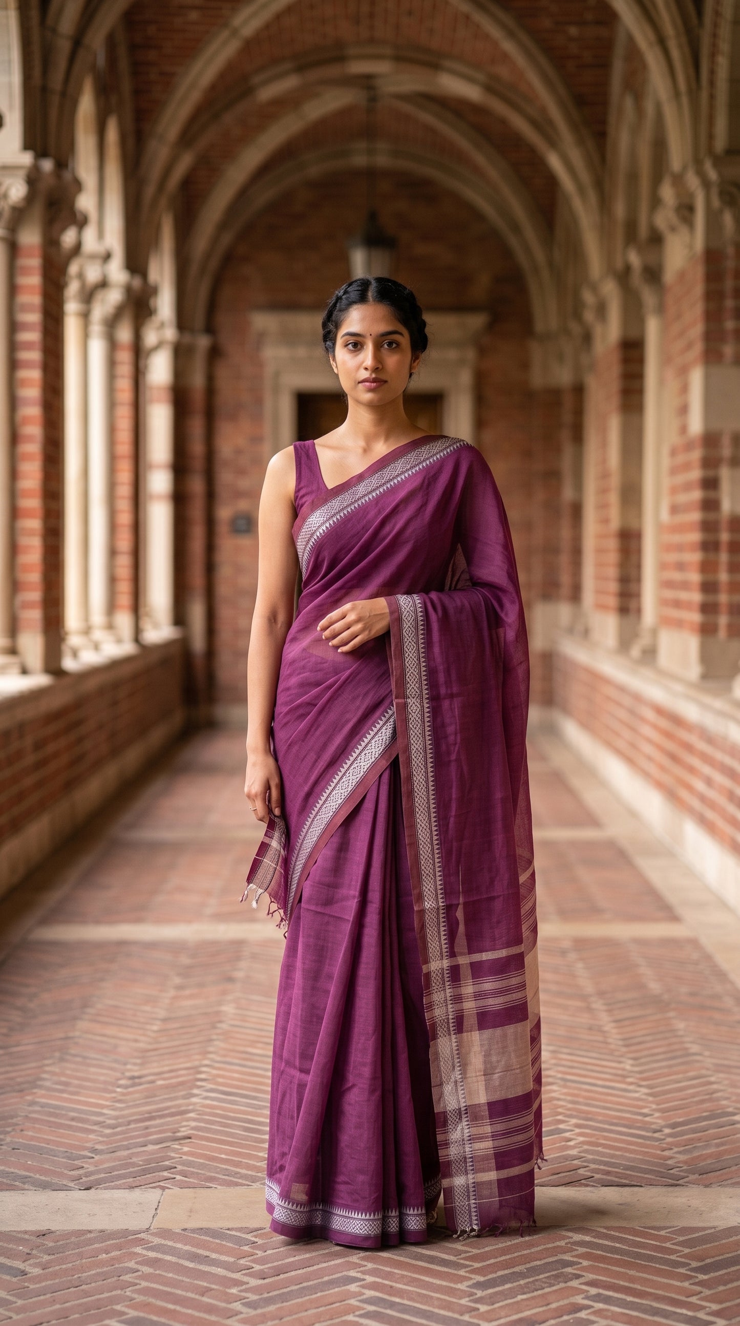 Full-length symmetric shot of a woman standing in a classic brick arched corridor, showcasing the elegant, straight silhouette of a magenta mul cotton saree with white trim