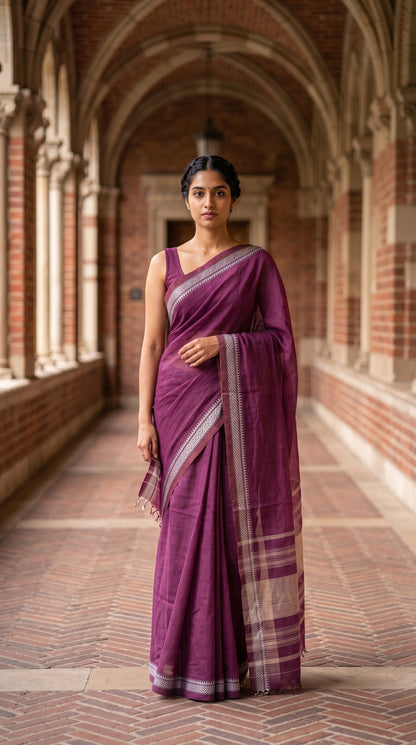 Full-length symmetric shot of a woman standing in a classic brick arched corridor, showcasing the elegant, straight silhouette of a magenta mul cotton saree with white trim