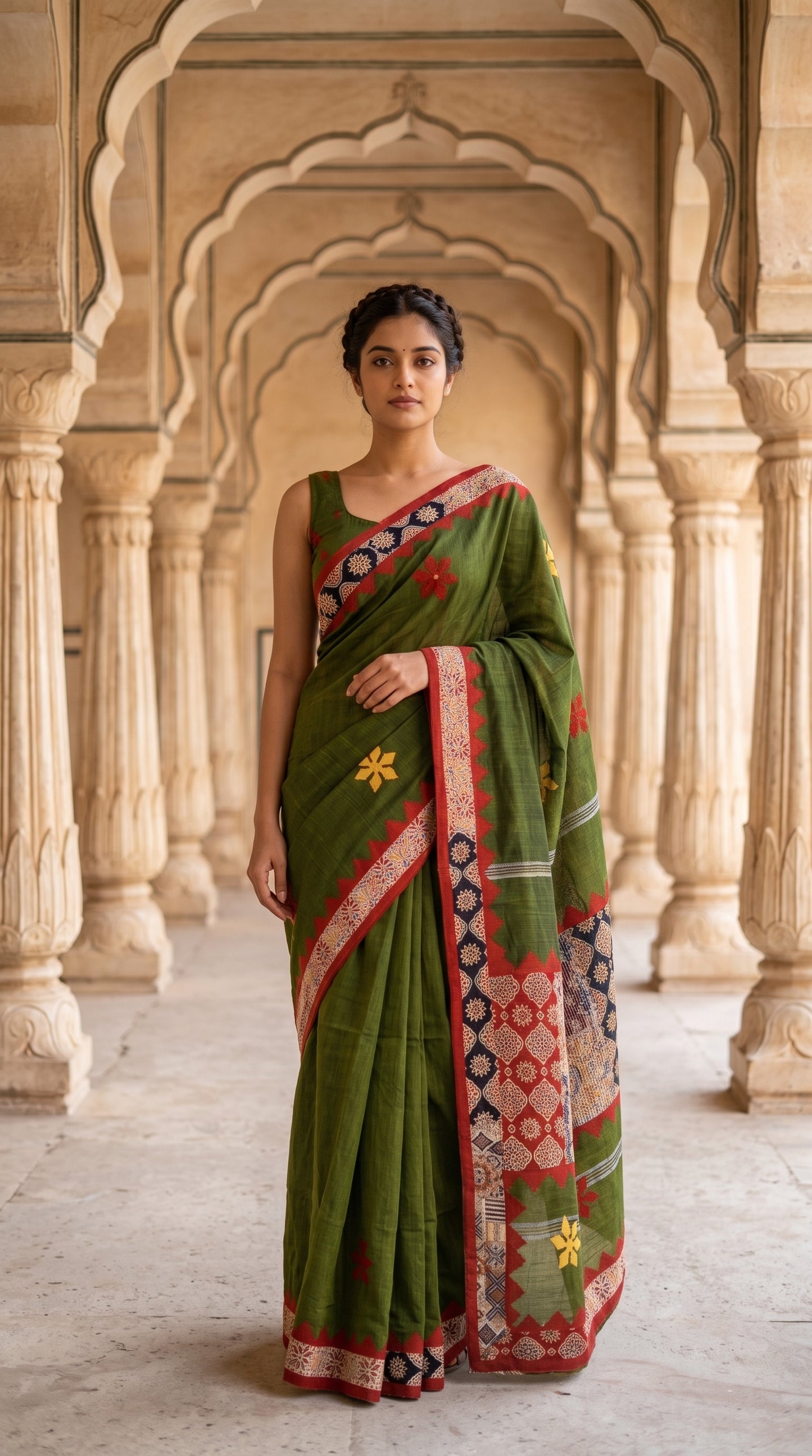 A symmetrical portrait of a woman standing inside a classic arched stone corridor, displaying the front profile, yellow star motifs, and red border of her olive green cotton linen saree