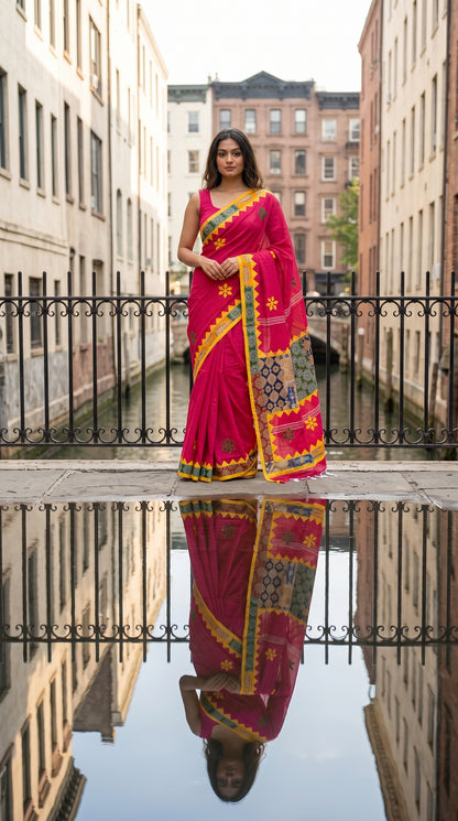 Full-length image of a woman standing on a stone bridge over a canal, displaying the front profile, yellow zigzag borders, and clear water reflection of a magenta cotton linen saree