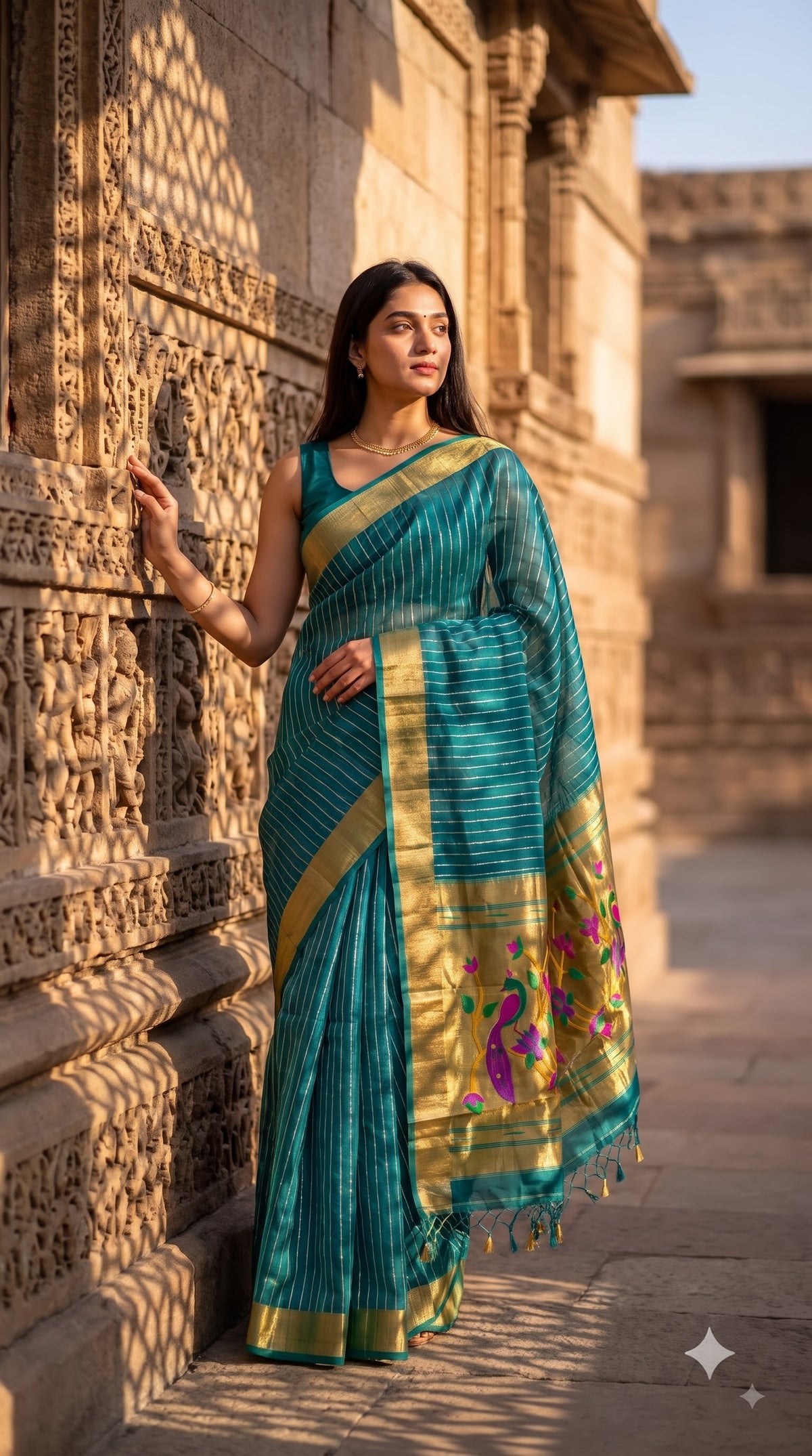 Organza Saree with Paithani Pallu - Rama Green