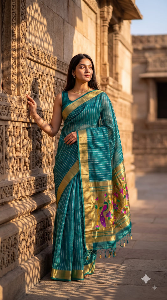 Organza Saree with Paithani Pallu - Rama Green