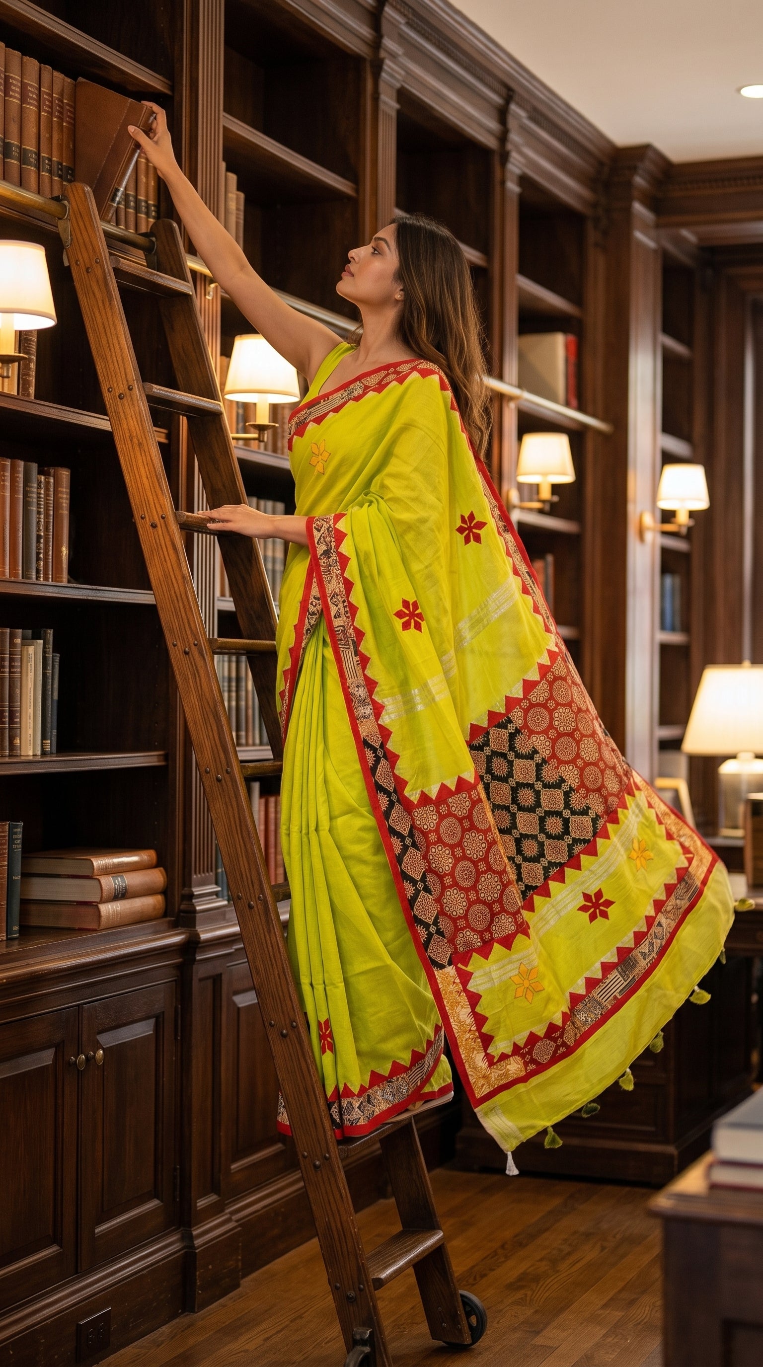 A model standing on a wooden ladder in a library reaching for a book, beautifully displaying the full length of a lime green cotton linen saree with detailed patchwork patterns