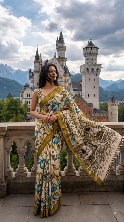 Kalamkari Silk Saree with Border - Beige with Green