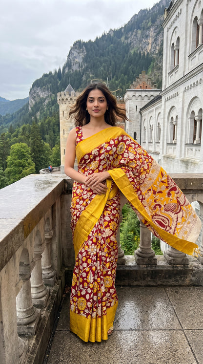 Kanchi Border Kalamkari Silk Saree - Red with Yellow