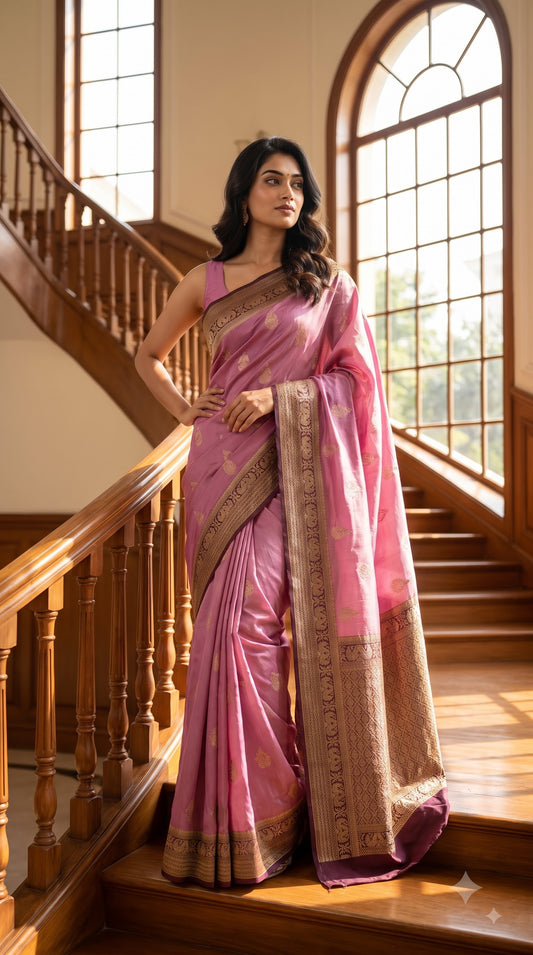 Banarasi Silk Saree-Mauve with Wine Border