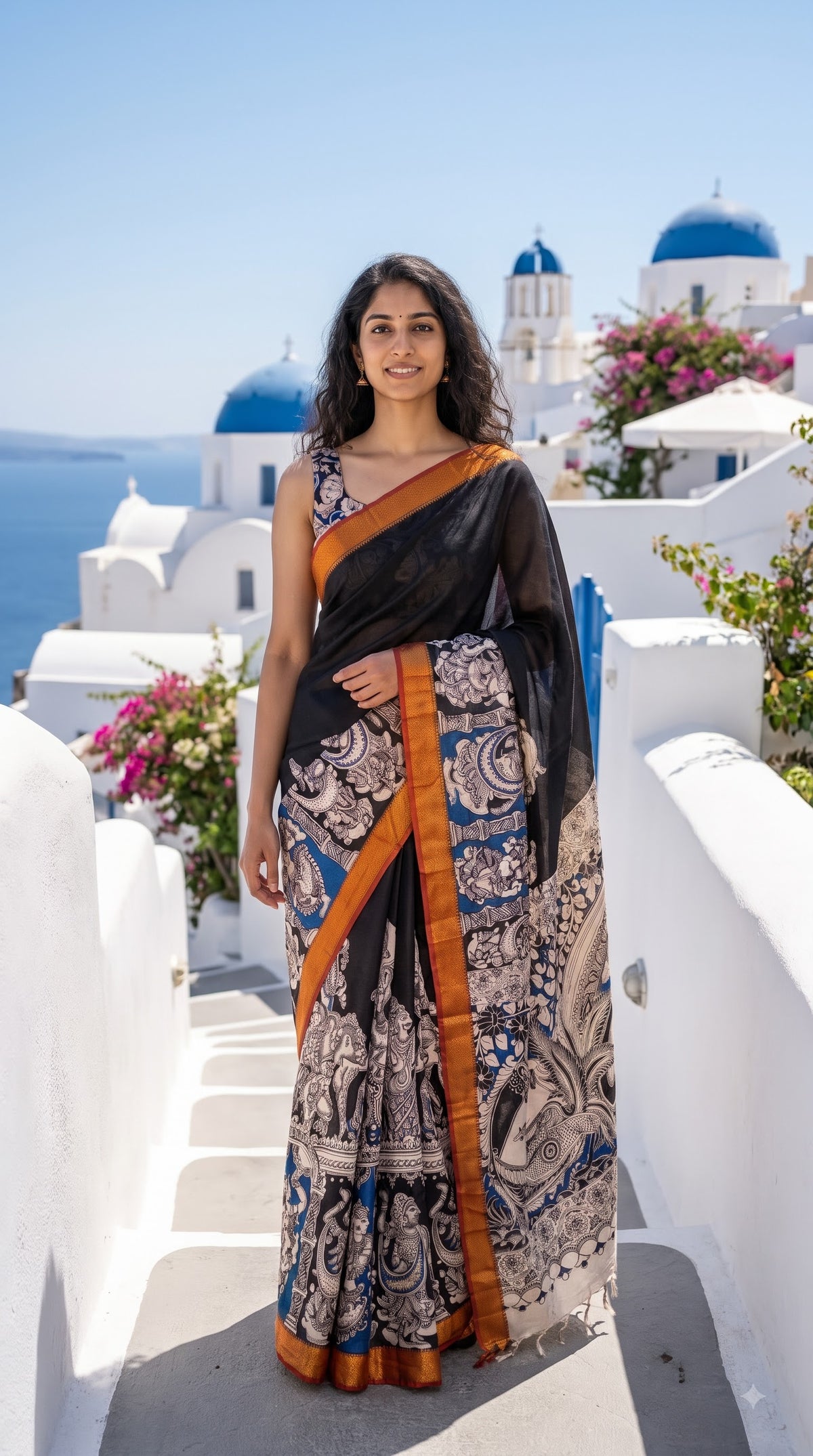 Figure Motif Kalamkari Silk Saree with Border - Black with Red