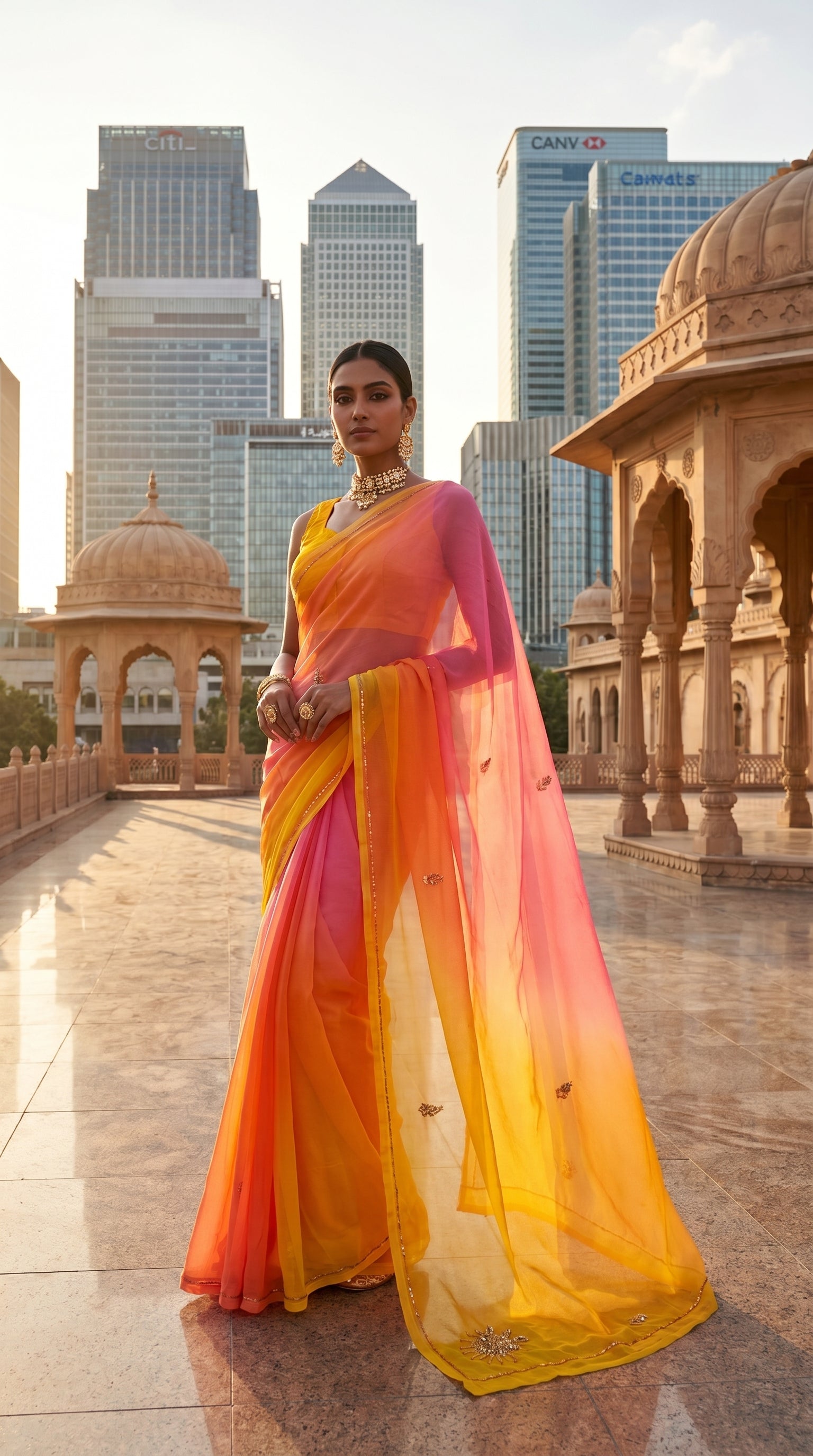 Editorial shot of a pink, orange, and yellow chiffon saree with subtle golden bootis on a marble terrace against modern skyscrapers