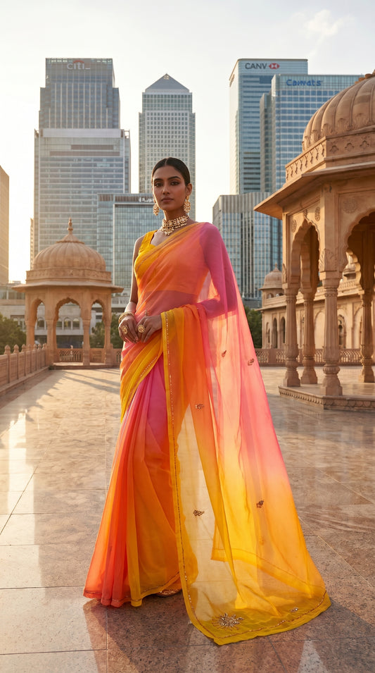 Editorial shot of a pink, orange, and yellow chiffon saree with subtle golden bootis on a marble terrace against modern skyscrapers