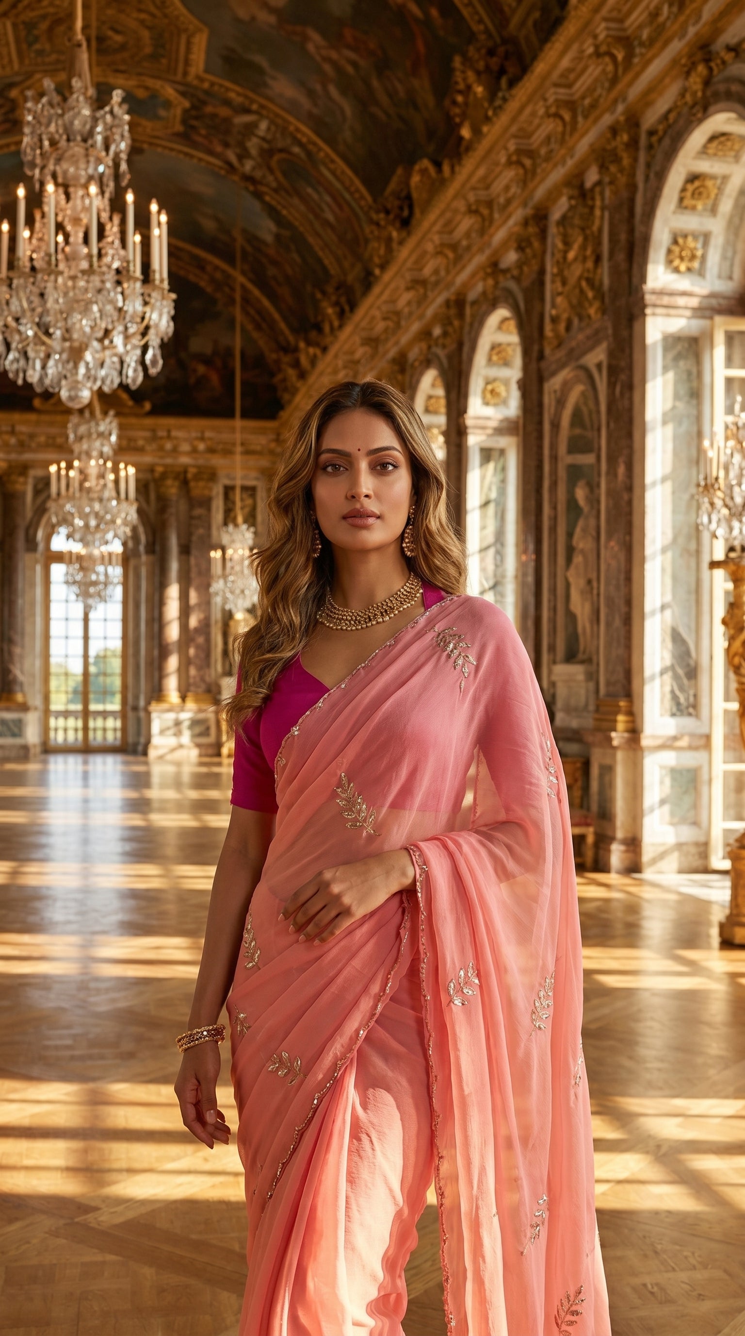 Editorial portrait of a model draped in a blush peach cut work chiffon saree under a grand crystal chandelier in a palace hall