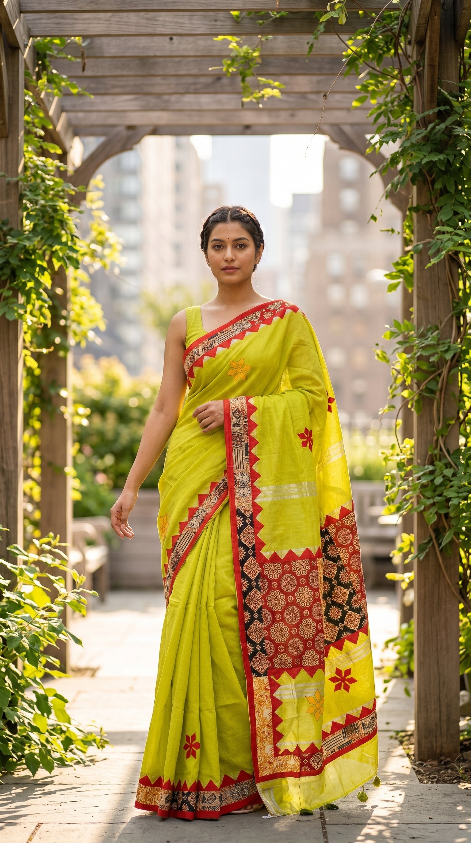Full-length portrait of a woman standing under a wooden garden pergola, showcasing the vibrant front profile, red zigzag trims, and star motifs of a lime green applique saree
