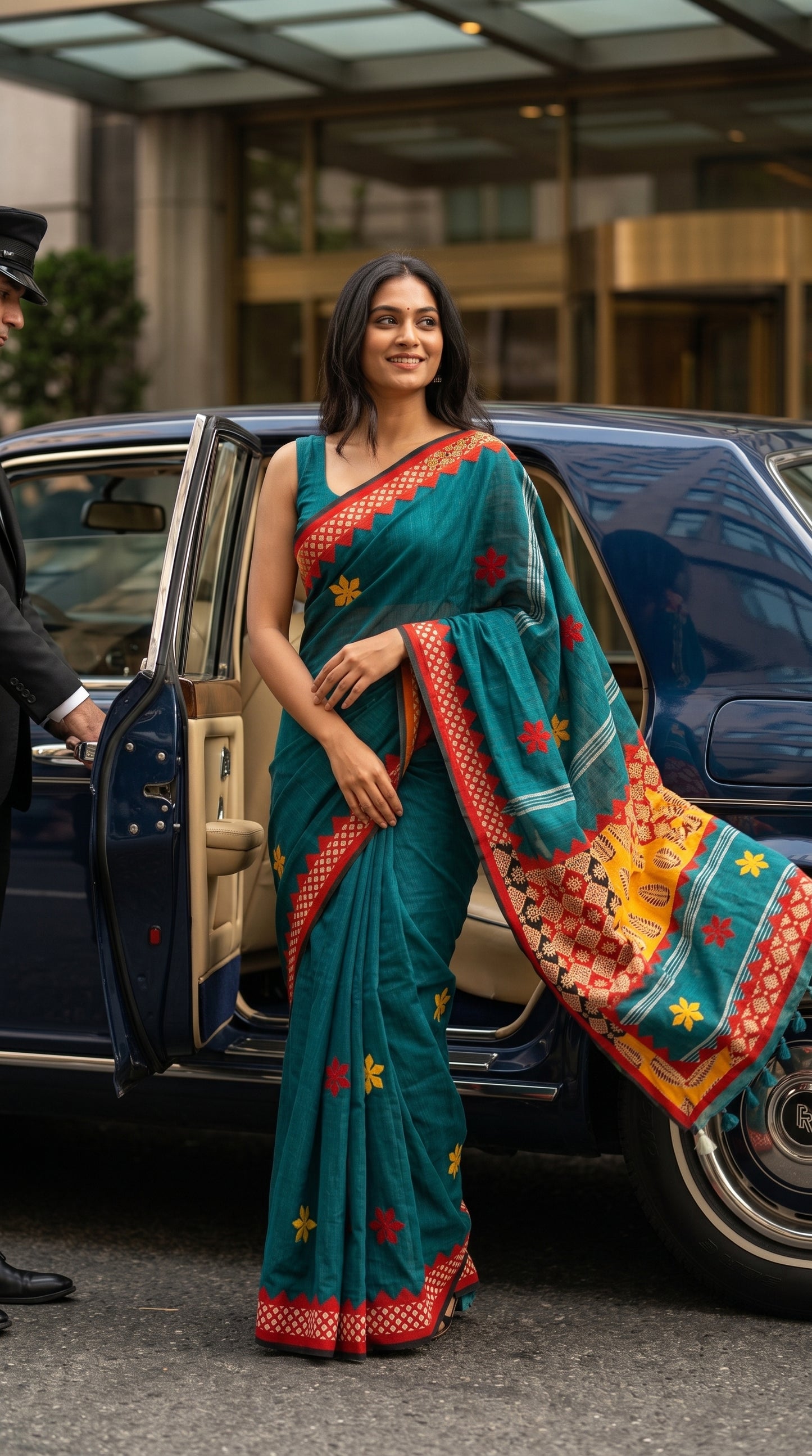 A smiling woman stepping out of a classic blue luxury car, showcasing the front drape, embroidered yellow and red stars, and geometric borders of a teal cotton linen saree