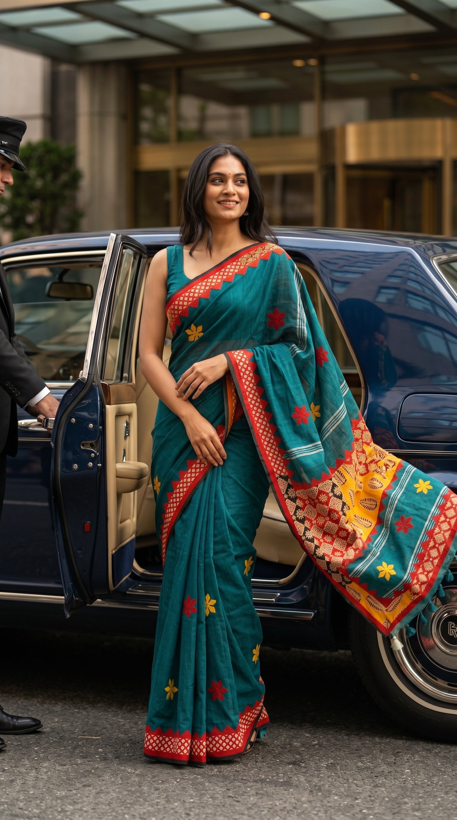 A smiling woman stepping out of a classic blue luxury car, showcasing the front drape, embroidered yellow and red stars, and geometric borders of a teal cotton linen saree