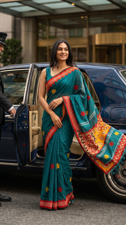 A smiling woman stepping out of a classic blue luxury car, showcasing the front drape, embroidered yellow and red stars, and geometric borders of a teal cotton linen saree