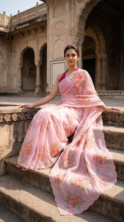 A woman sitting on ancient stone steps against a temple background, displaying the sweeping pallu trail and intricate cut work borders of a blush pink floral print saree