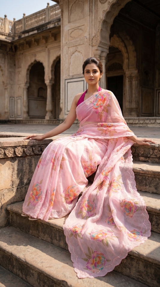A woman sitting on ancient stone steps against a temple background, displaying the sweeping pallu trail and intricate cut work borders of a blush pink floral print saree