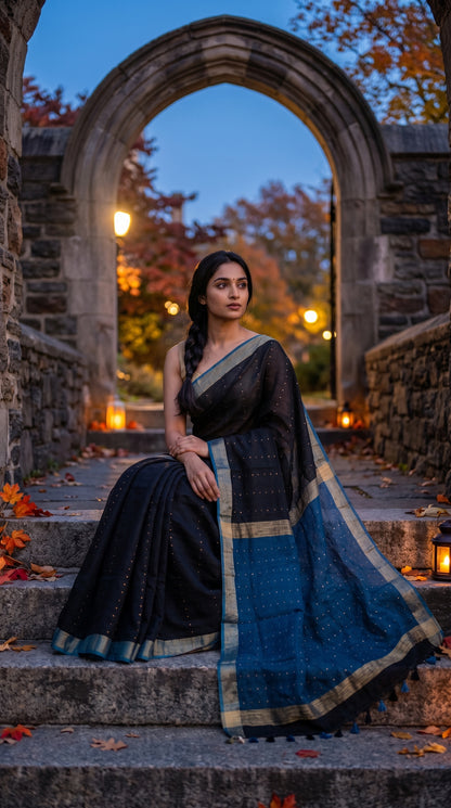 A model sitting on stone steps under a large gothic stone archway at dusk, beautifully displaying a black sequined linen saree with a contrast royal blue organza pallu