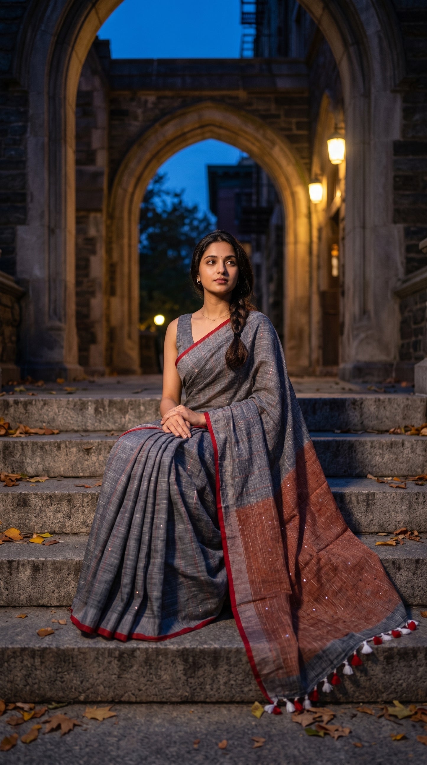 A model sitting on stone steps beneath a classic historic archway at dusk, beautifully spreading out the dual-tone red contrast pallu and white tassels of her grey khadi linen saree