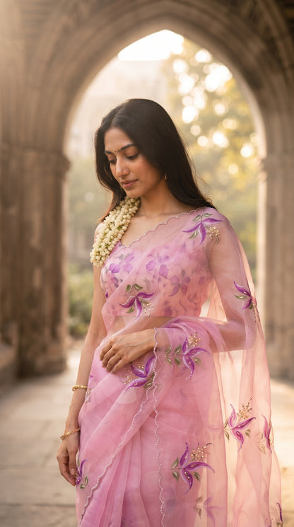 A medium shot of a woman with a fresh gajra in her hair standing beneath a grand stone palace archway, showcasing the straight drape, lavender floral embroidery, and delicate cutwork detailing of her pink saree