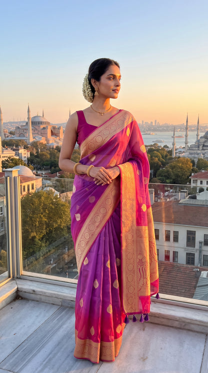 A full-length portrait of a woman standing on a rooftop terrace balcony overlooking the Istanbul city skyline at sunset, showcasing the sheer organza texturing and rich gold-woven pink borders of her purple Banarasi saree