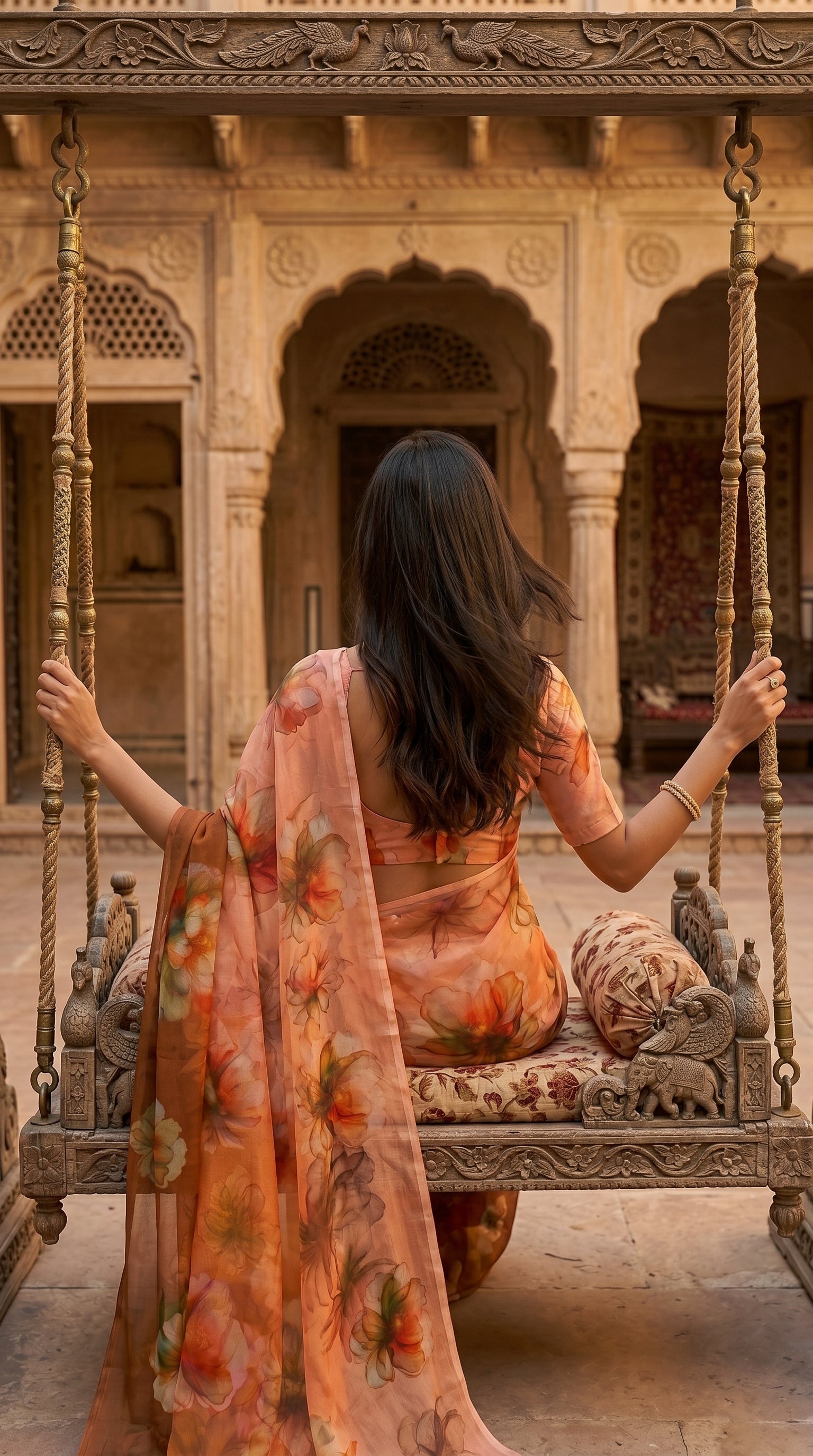 Back view of a woman sitting on an ornate wooden swing, displaying the translucent peach chiffon pallu detailed with botanical peony motifs