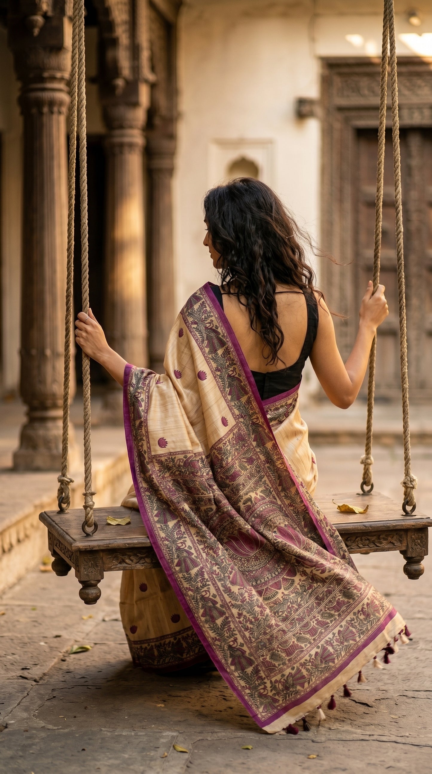 Back view of a woman sitting on a traditional wooden courtyard swing, displaying the intricate magenta Madhubani printed pallu and hanging tassels
