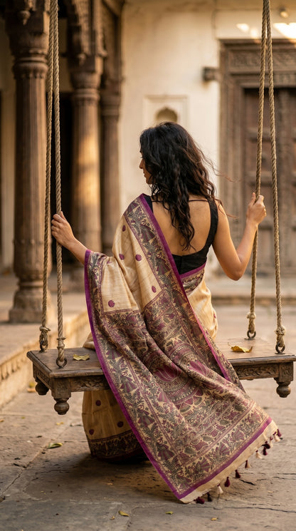 Back view of a woman sitting on a traditional wooden courtyard swing, displaying the intricate magenta Madhubani printed pallu and hanging tassels