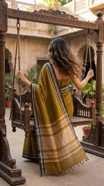 Back view of a model sitting on a traditional wooden courtyard swing, showcasing the flowing drape and geometric black borders of a khakee green cotton saree