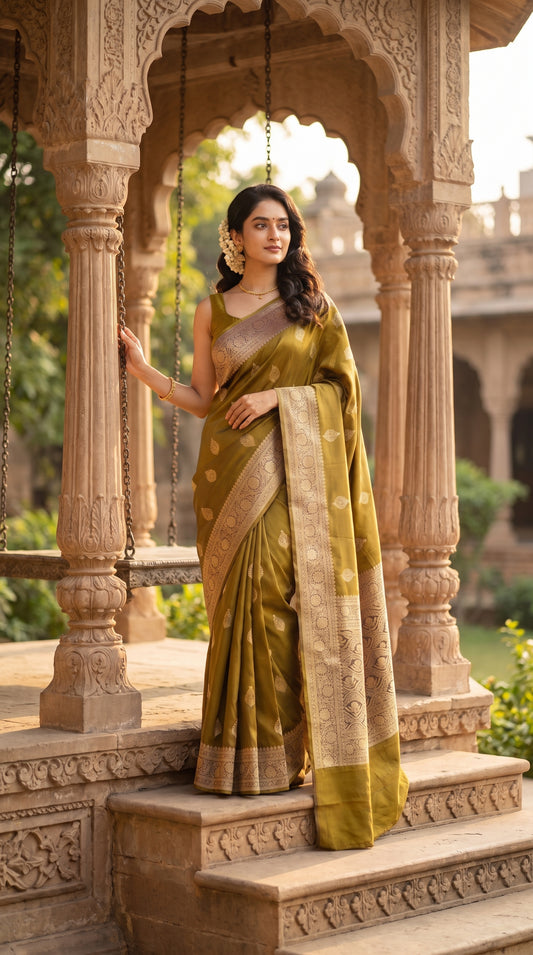 A full-length portrait of a woman standing gracefully on the steps of a carved sandstone swing pavilion, displaying the heavy gold zari border, woven leaf buttas, and structural satin drape of her olive green Mashru silk saree