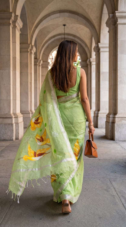Back view of a woman walking down a historic stone pillar corridor, showcasing the flowing, sheer pallu and hand-painted bird motifs of a pista green cotton saree