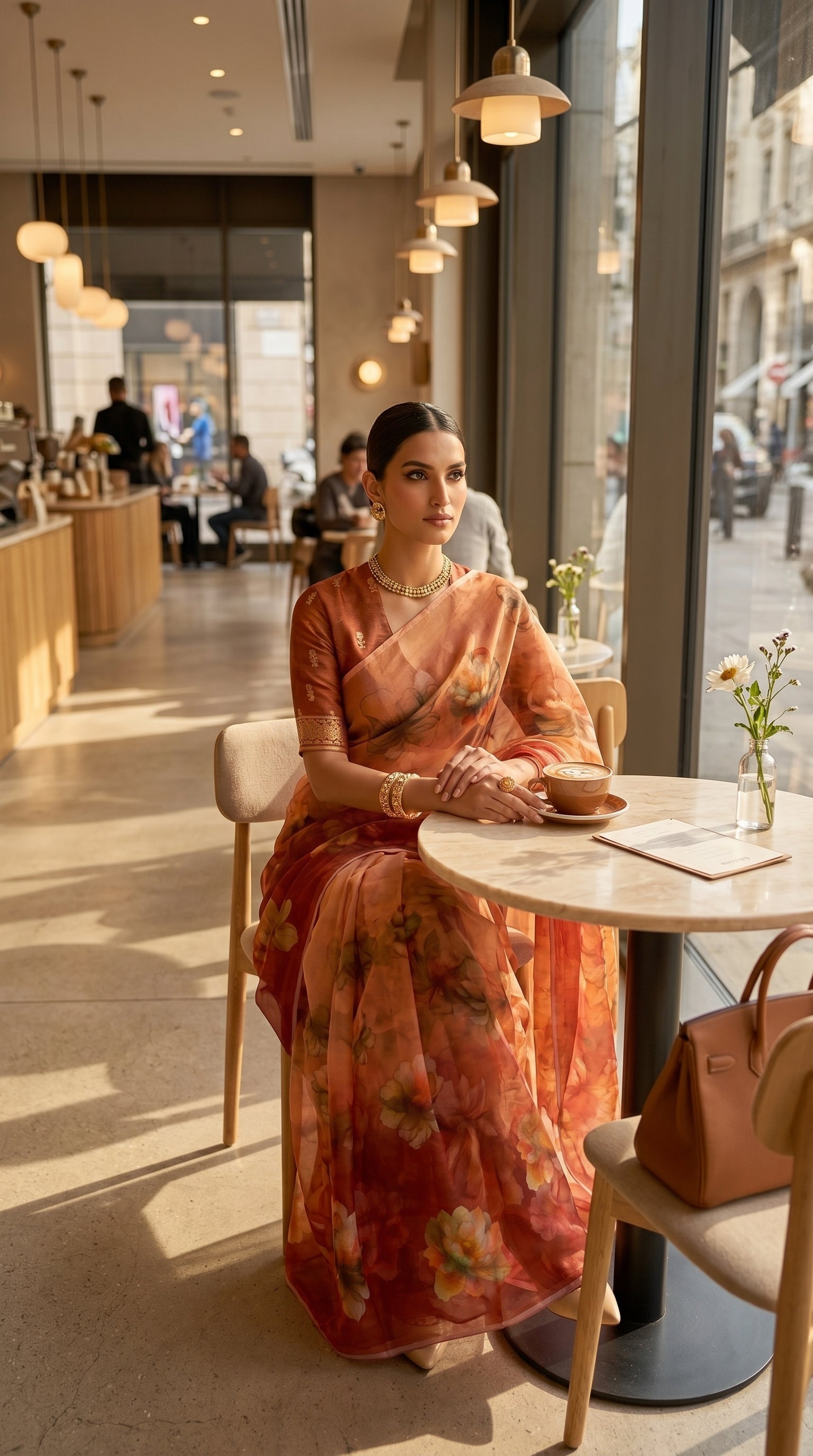 A woman sitting elegantly at a café table next to a window, displaying the warm, sun-kissed folds of a rust brown floral chiffon saree