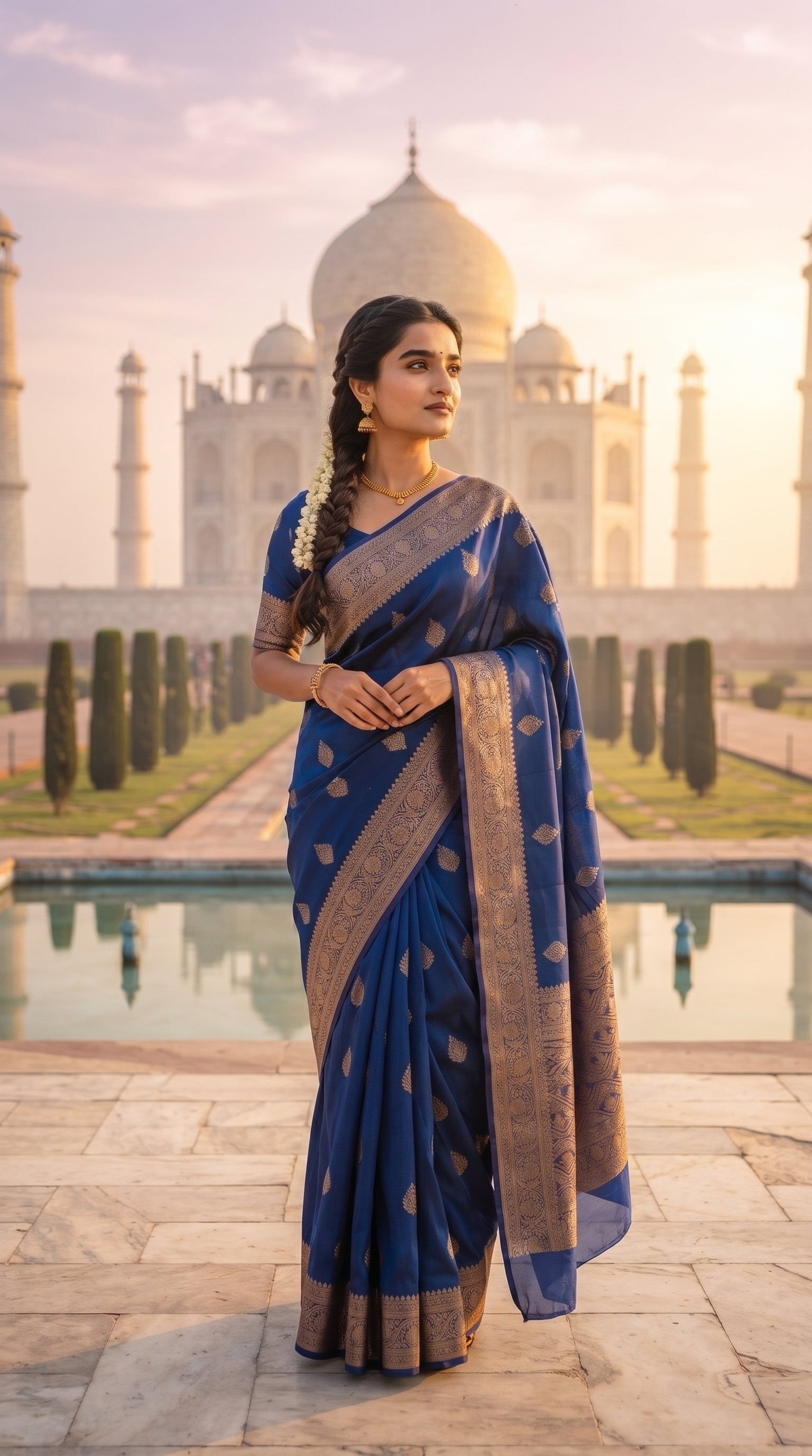 A portrait of a woman with a braided hairstyle standing in front of the Taj Mahal at sunrise, showcasing the royal drape and detailed gold zari borders of her deep royal blue silk saree