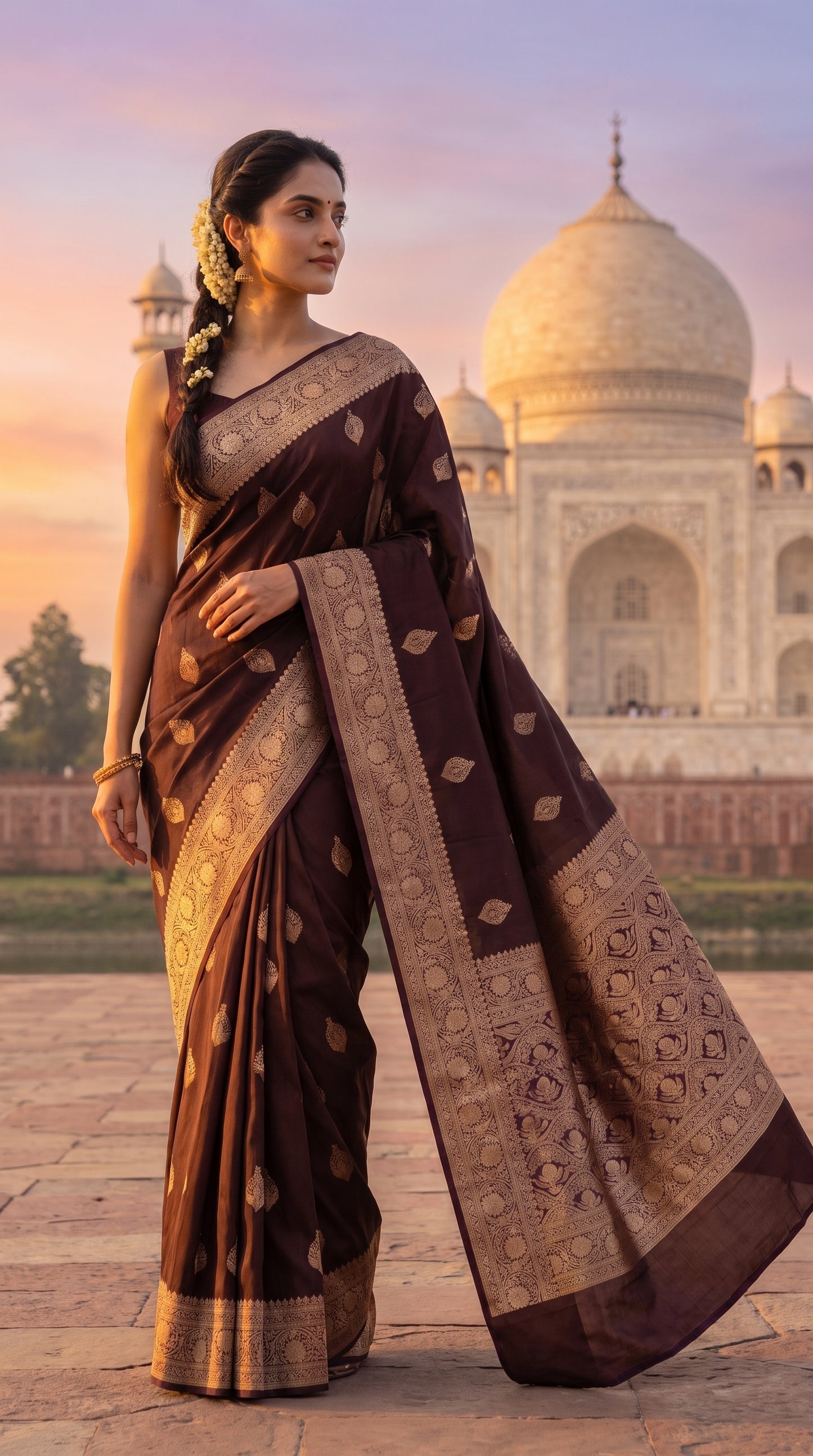 A three-quarter portrait of a woman with a long gajra braid standing in front of the Taj Mahal at sunrise, showcasing the royal drape, gold zari border, and floral buttas of her dark coffee brown Mashru silk saree