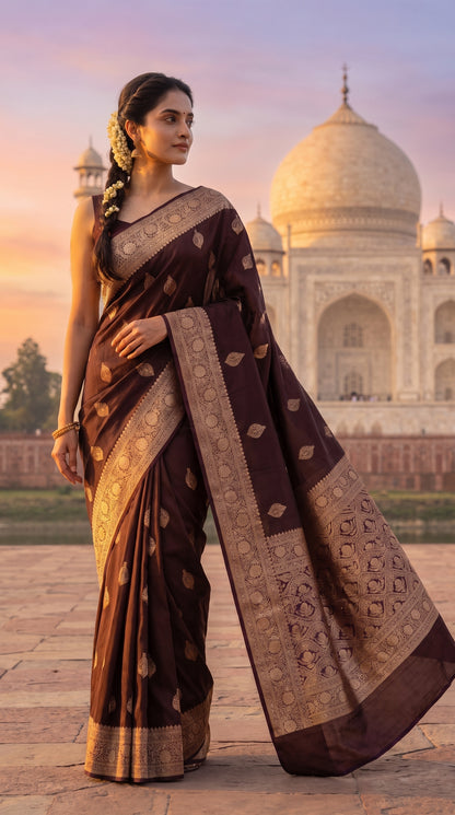 A three-quarter portrait of a woman with a long gajra braid standing in front of the Taj Mahal at sunrise, showcasing the royal drape, gold zari border, and floral buttas of her dark coffee brown Mashru silk saree