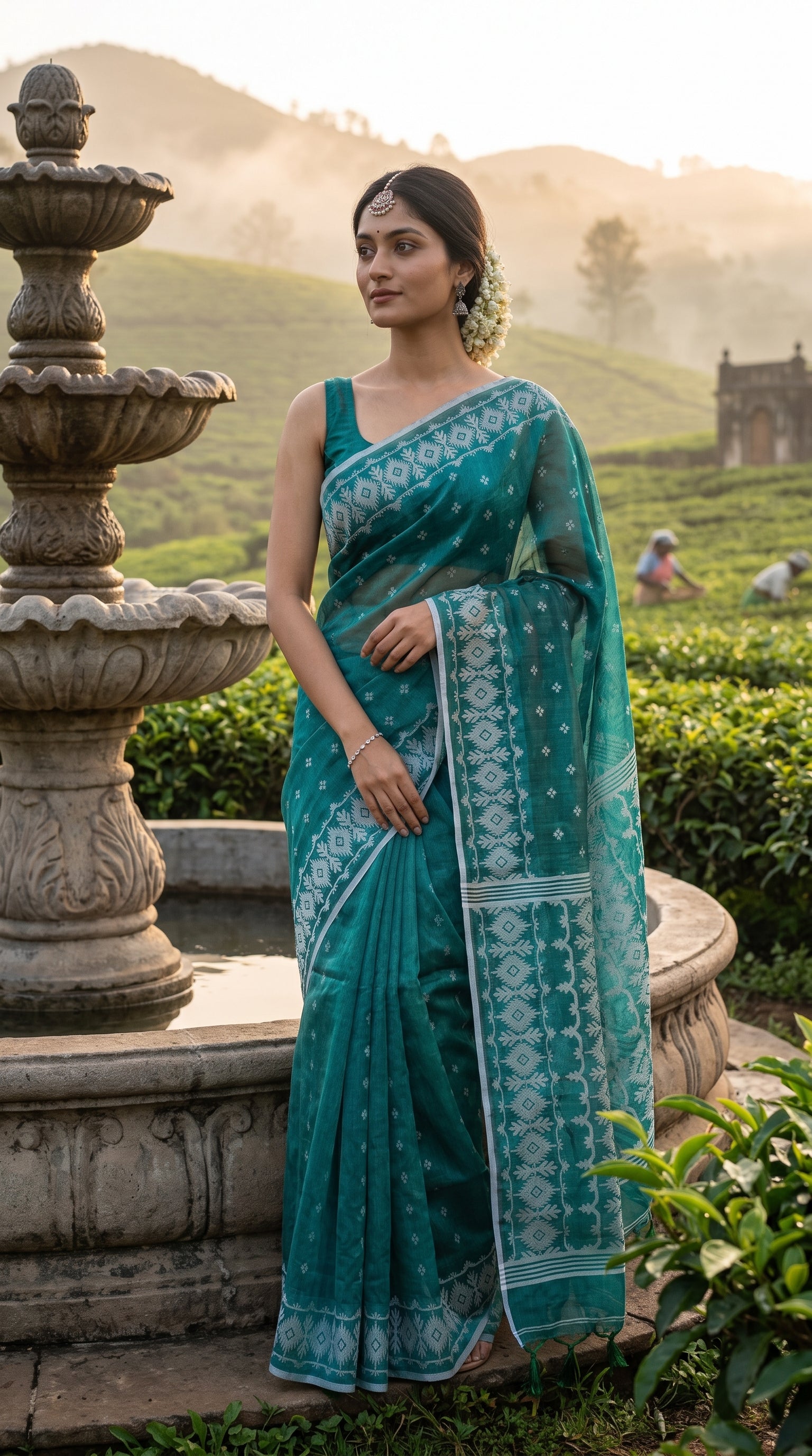 A woman standing next to a stone fountain in a misty green tea estate at sunrise, showcasing the luminous sea-green color and cream Jamdani patterns of her tissue saree