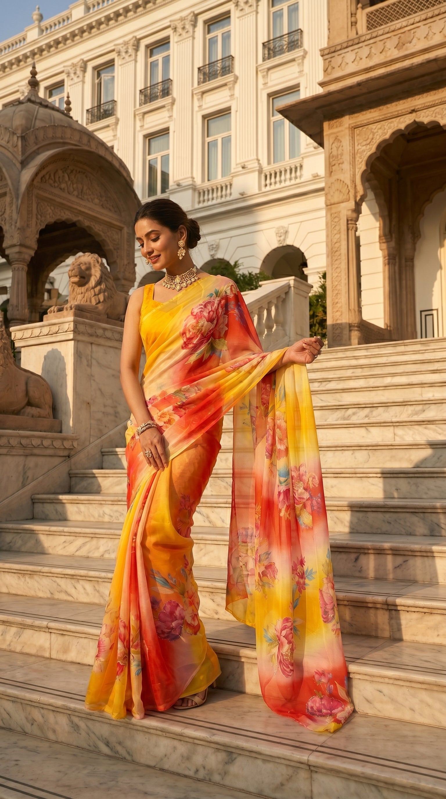 Full-length view of a yellow and crimson floral print chiffon saree styled gracefully on heritage white marble steps