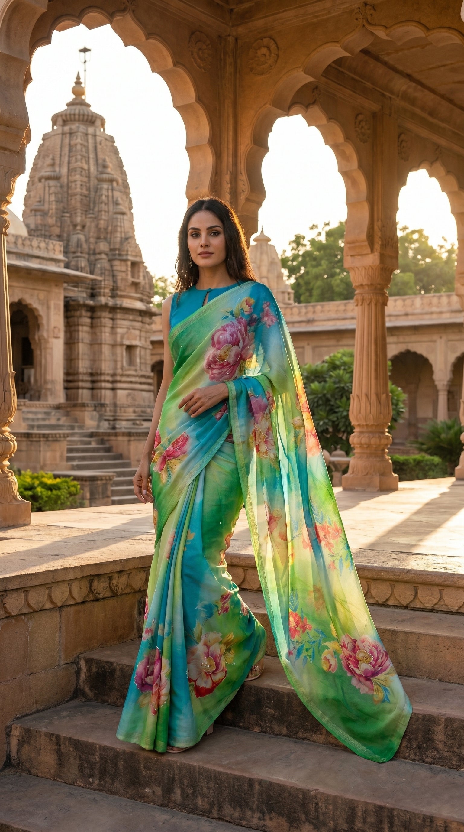 A woman wearing a blue and green ombré floral chiffon saree standing on the stone steps of a traditional Indian heritage temple