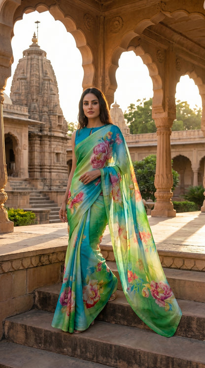 A woman wearing a blue and green ombré floral chiffon saree standing on the stone steps of a traditional Indian heritage temple