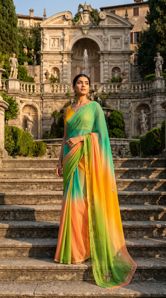 Full-length image of a green and peach multi-color chiffon saree showing the detailed hand-embroidered sunburst pallu on grand stone stairs