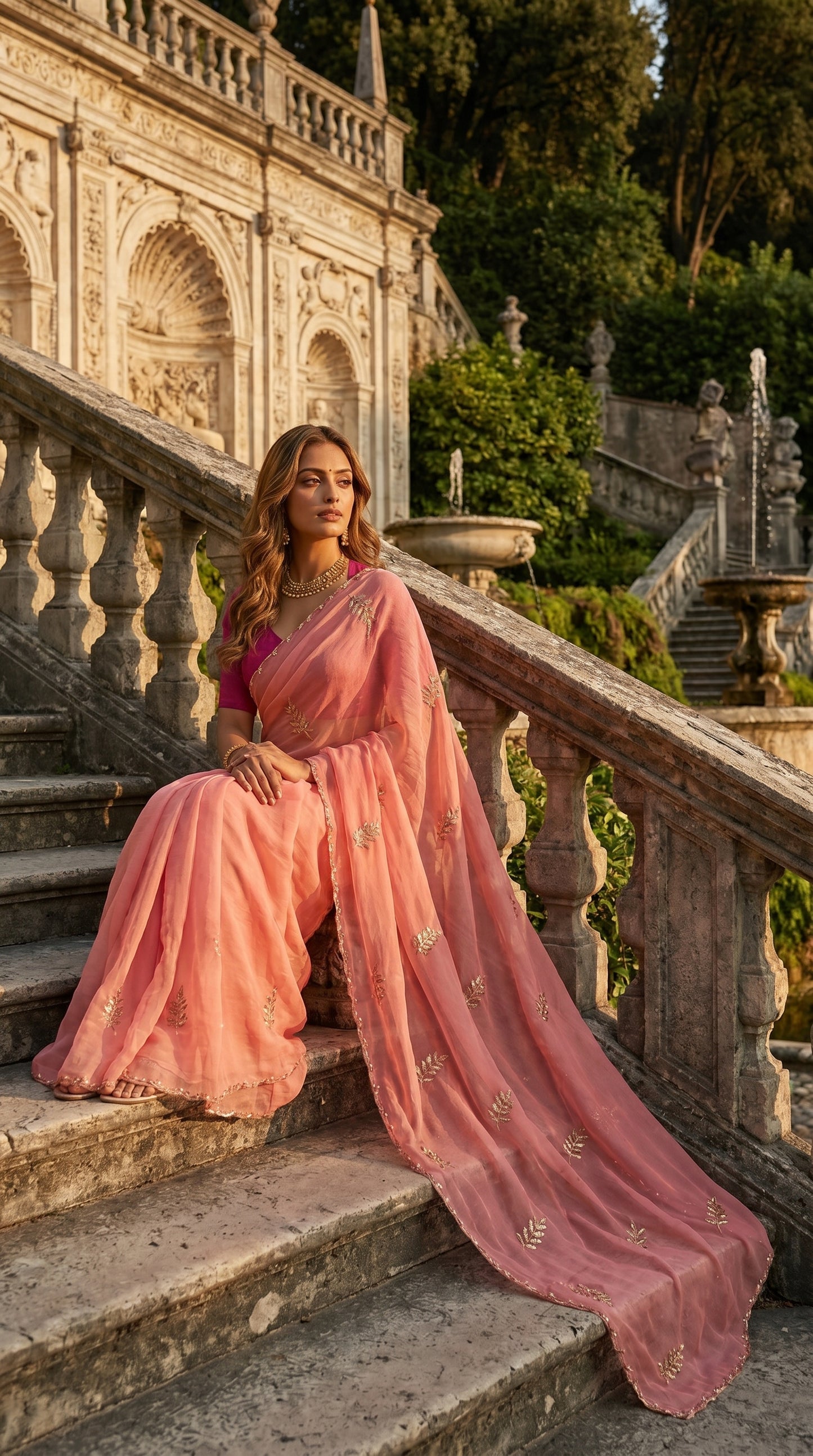 A woman sitting on grand historical stone steps wearing a blush peach chiffon saree with detailed silver embroidery and a fluid pallu