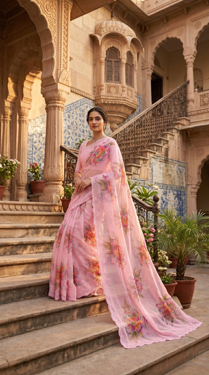 A woman standing on ancient stone steps against a heritage courtyard palace, displaying the sweeping pallu trail and intricate cutwork details of her blush pink printed saree