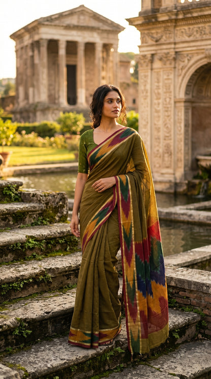 Woman in a Handloom Cotton Saree with Ikat Border – Mehndi Green saree standing on stone steps with classical architecture in the background