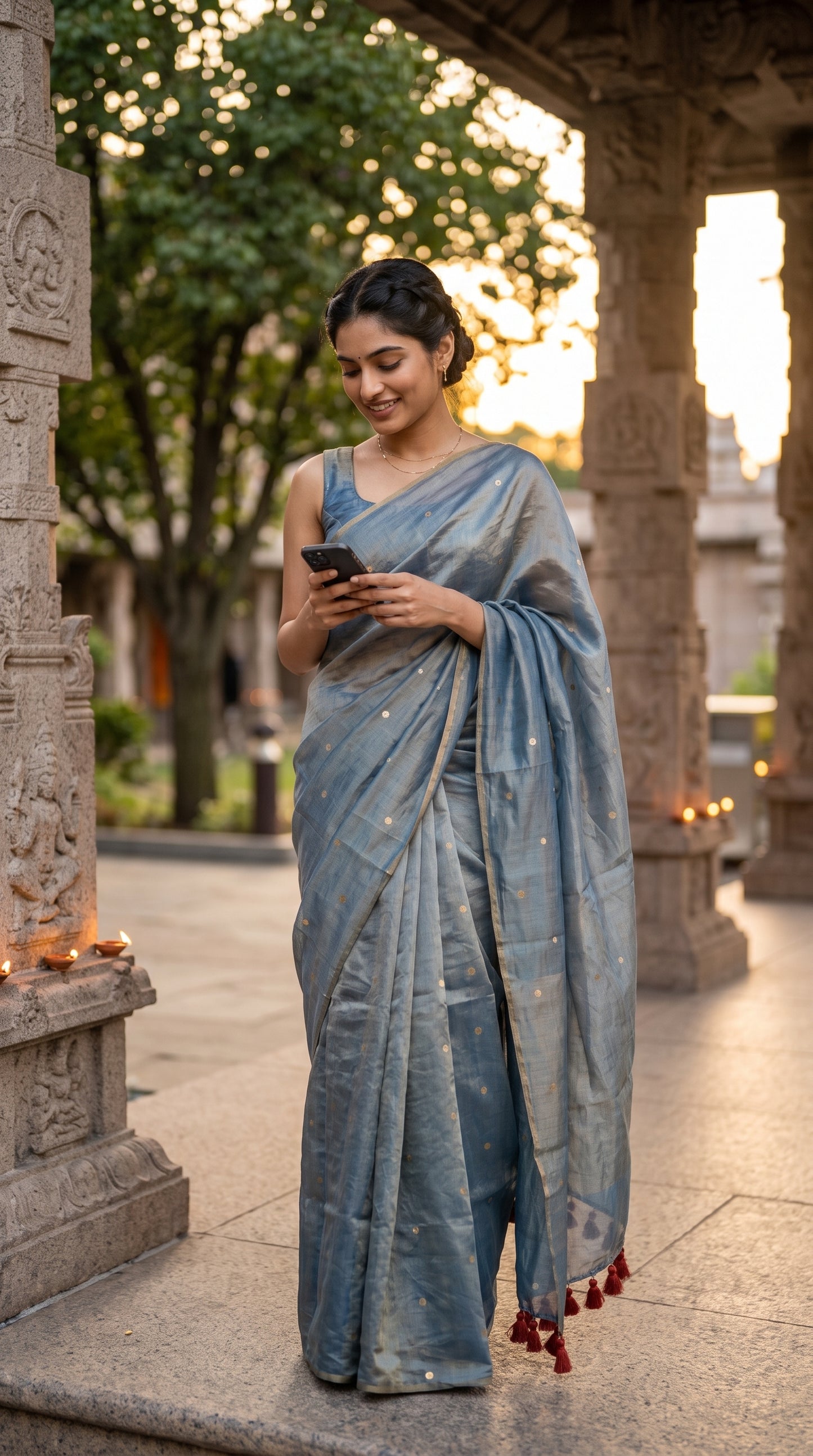A smiling woman standing in an intricately carved stone temple courtyard looking down at her phone, showcasing the sophisticated straight silhouette and gold borders of a metallic grey-blue saree