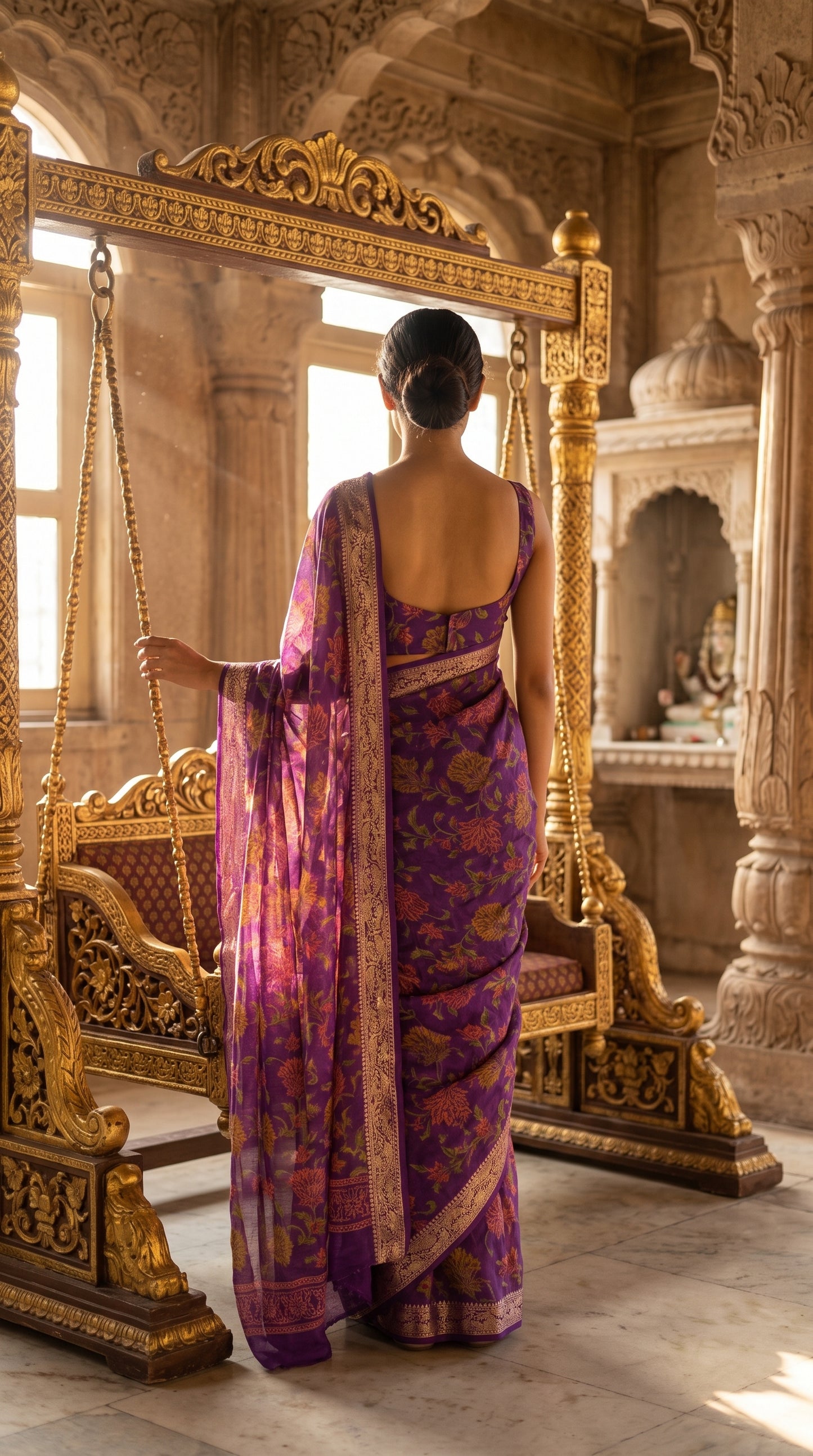 A back view of a woman with a neat low bun standing next to an ornate golden swing pavilion inside a palace temple, highlighting the sleek backline of her purple blouse and trailing jacquard border