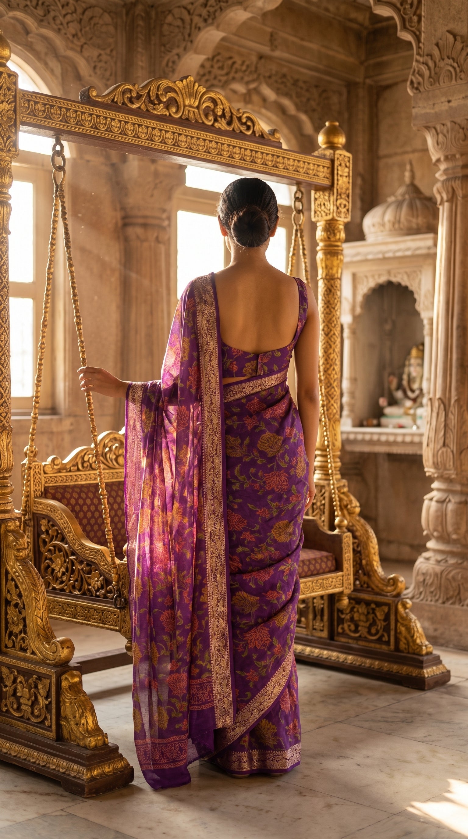 A back view of a woman with a neat low bun standing next to an ornate golden swing pavilion inside a palace temple, highlighting the sleek backline of her purple blouse and trailing jacquard border